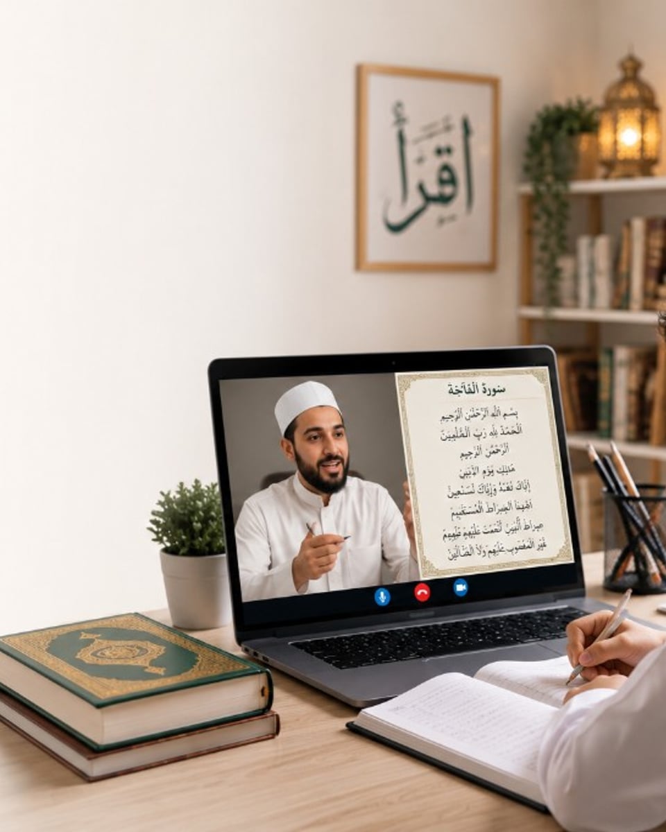 A boy learning Quran online with headphones and a certified teacher on screen