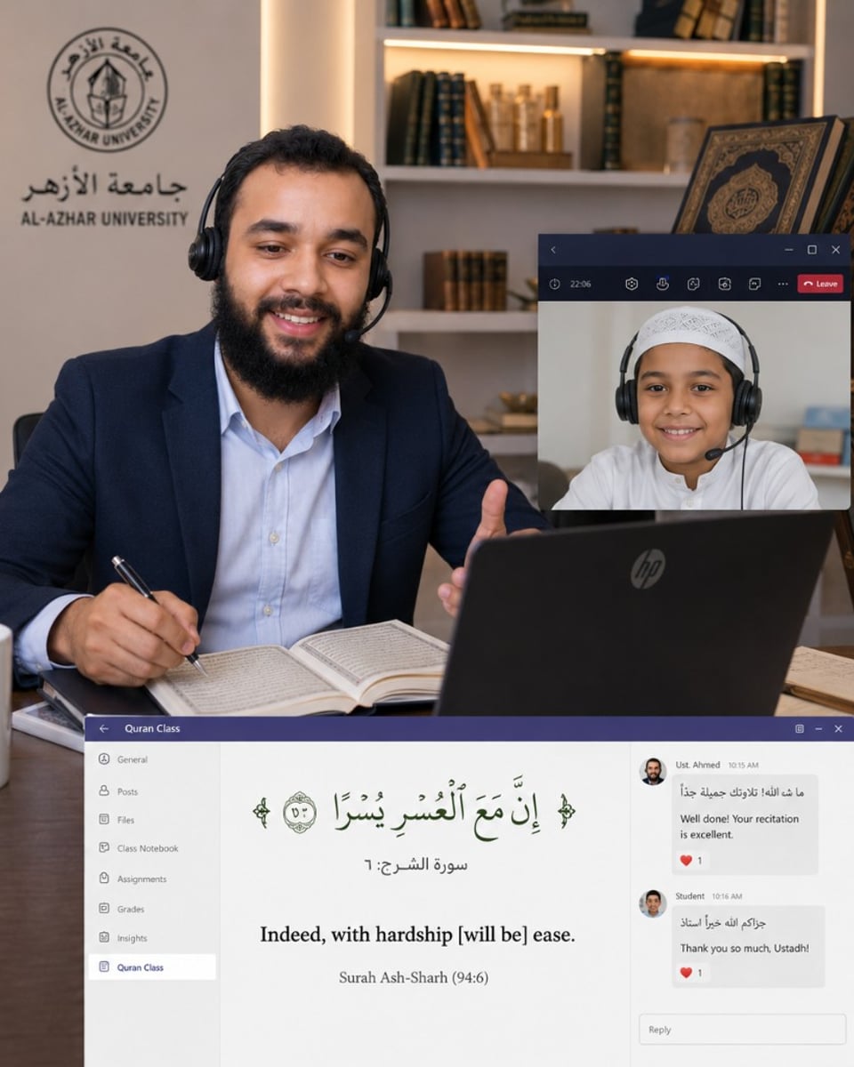 Young student on a live 1-on-1 Quran video lesson